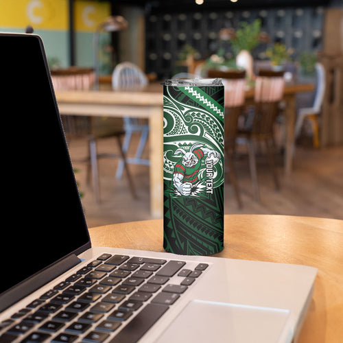 Custom South Sydney Rabbitohs Rugby Skinny Tumbler Rabbit Warrior Polynesia Islander Rugby Mascot
