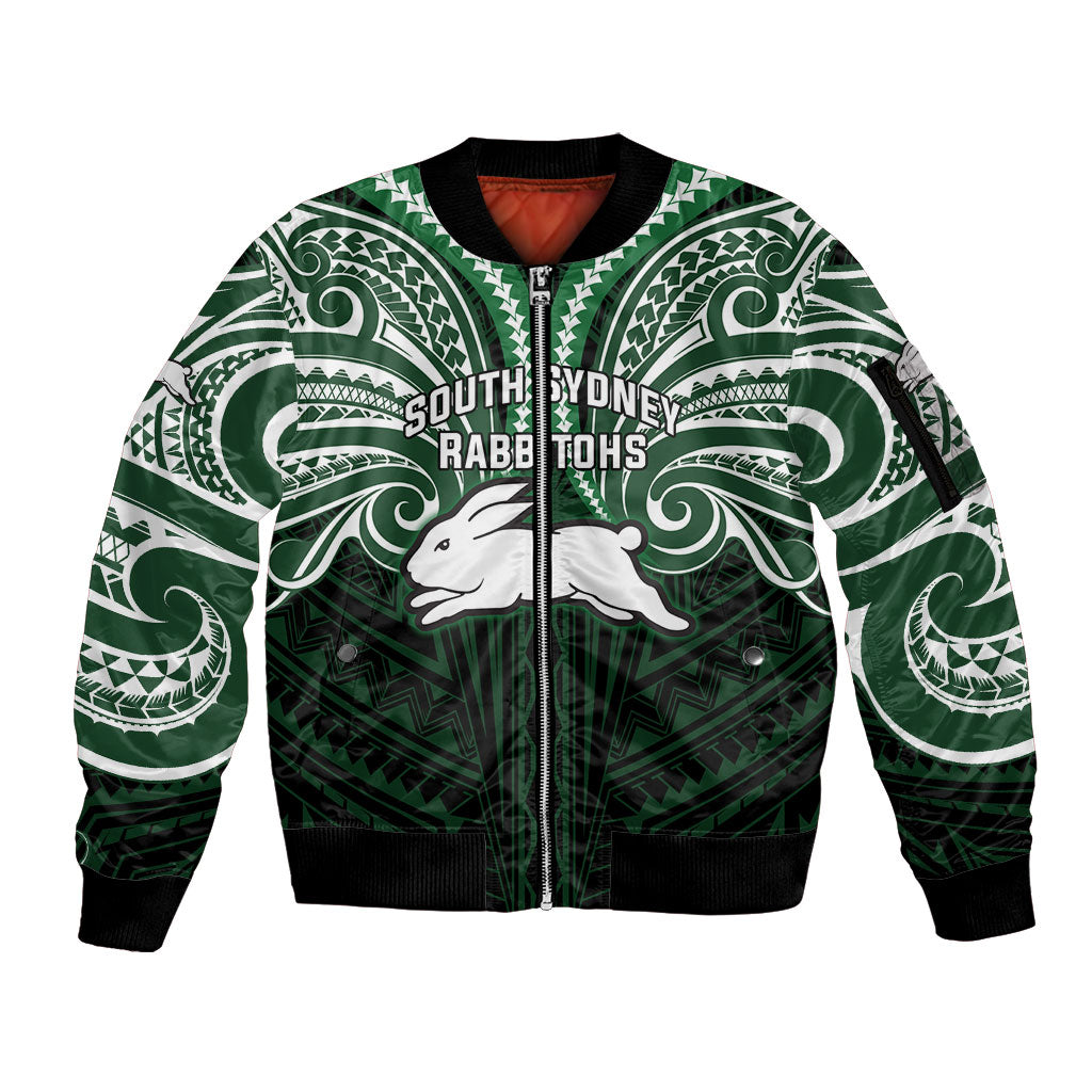 Custom South Sydney Rabbitohs Rugby Sleeve Zip Bomber Jacket Rabbit Warrior Polynesia Islander Rugby Mascot
