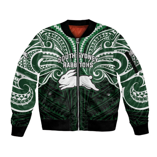Custom South Sydney Rabbitohs Rugby Sleeve Zip Bomber Jacket Rabbit Warrior Polynesia Islander Rugby Mascot