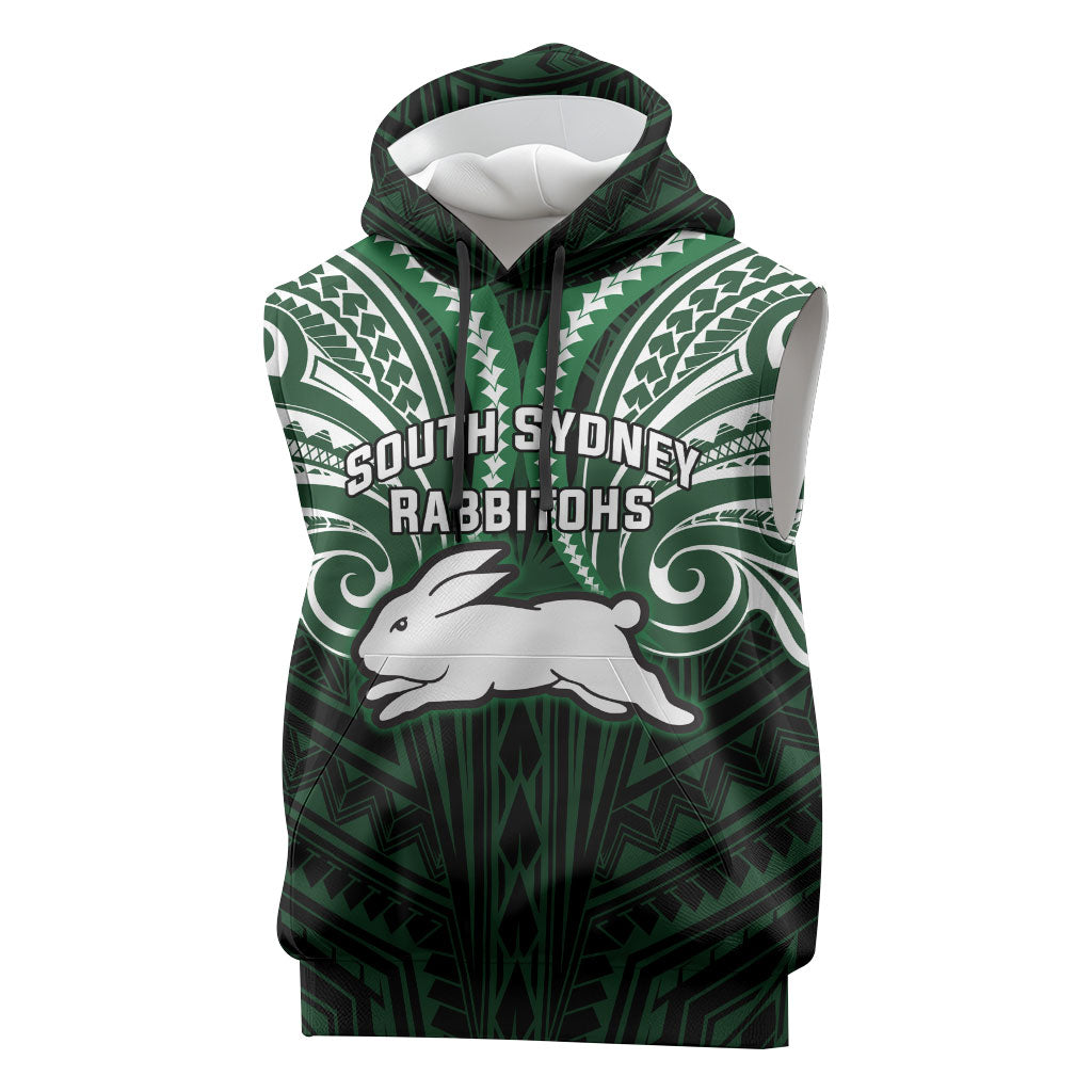 Custom South Sydney Rabbitohs Rugby Sleeveless Hoodie Rabbit Warrior Polynesia Islander Rugby Mascot