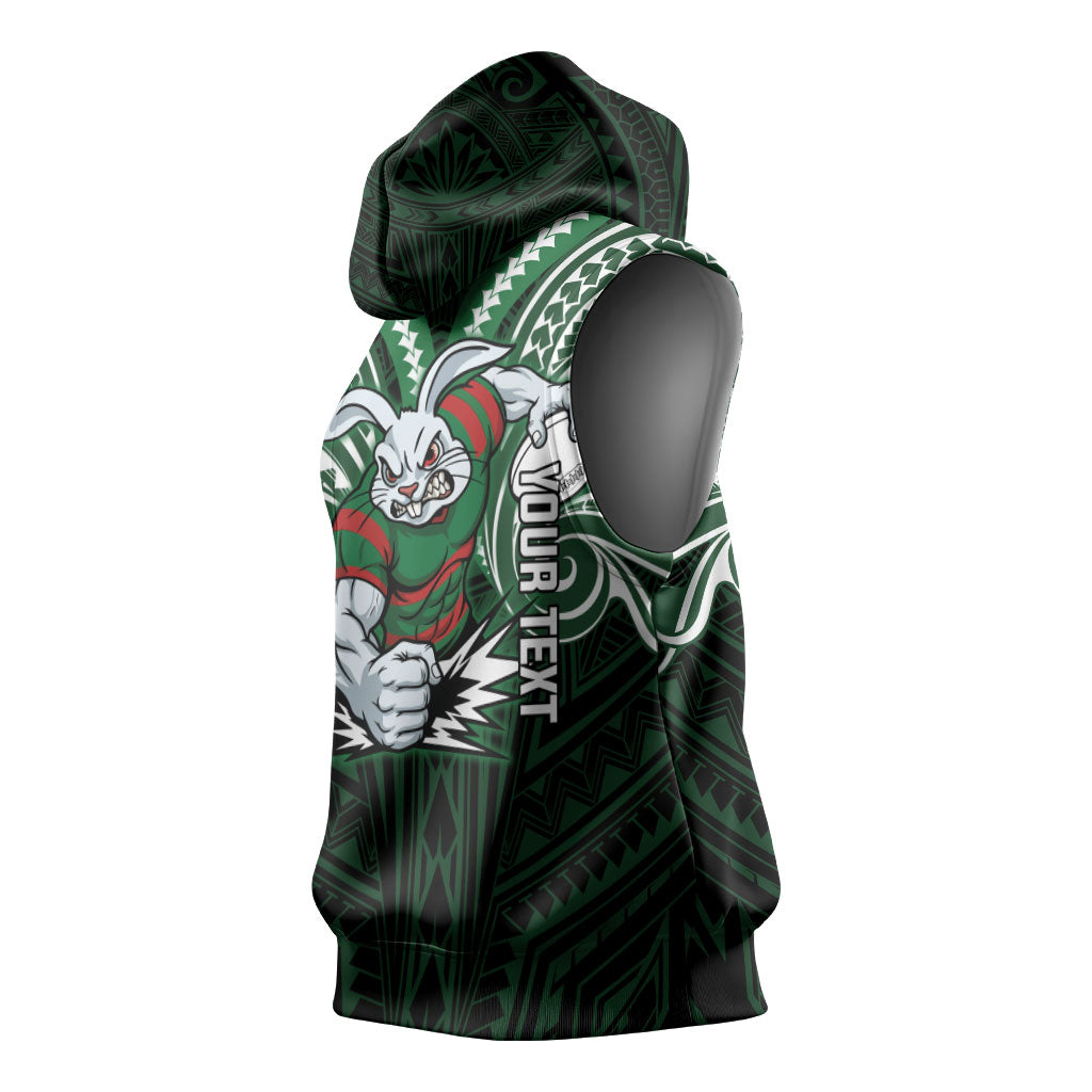 Custom South Sydney Rabbitohs Rugby Sleeveless Hoodie Rabbit Warrior Polynesia Islander Rugby Mascot