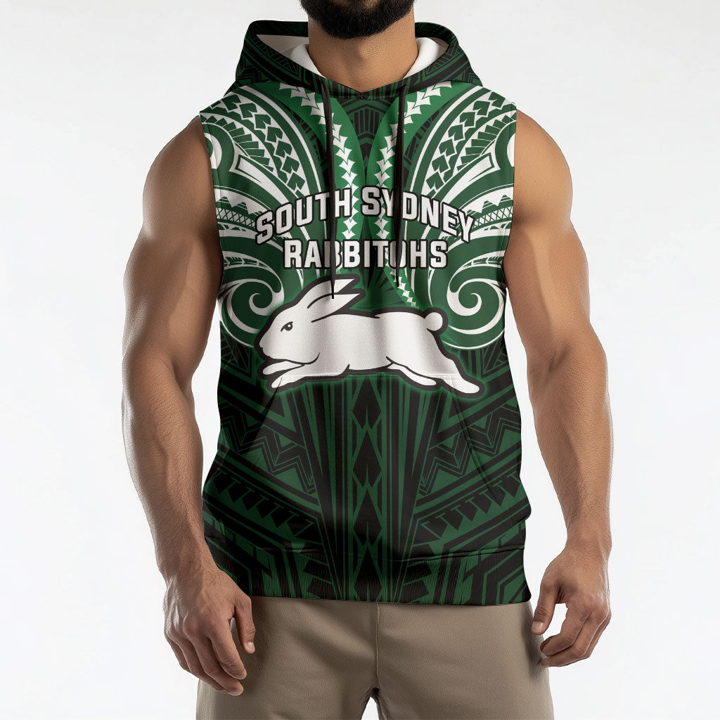 Custom South Sydney Rabbitohs Rugby Sleeveless Hoodie Rabbit Warrior Polynesia Islander Rugby Mascot