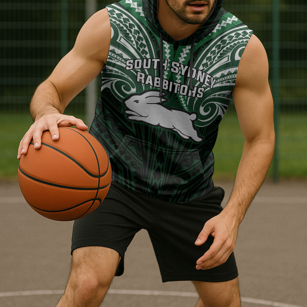Custom South Sydney Rabbitohs Rugby Sleeveless Hoodie Rabbit Warrior Polynesia Islander Rugby Mascot