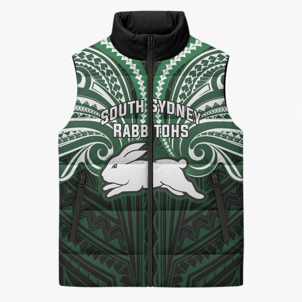 Custom South Sydney Rabbitohs Rugby Sleeveless Puffer Jacket Rabbit Warrior Polynesia Islander Rugby Mascot