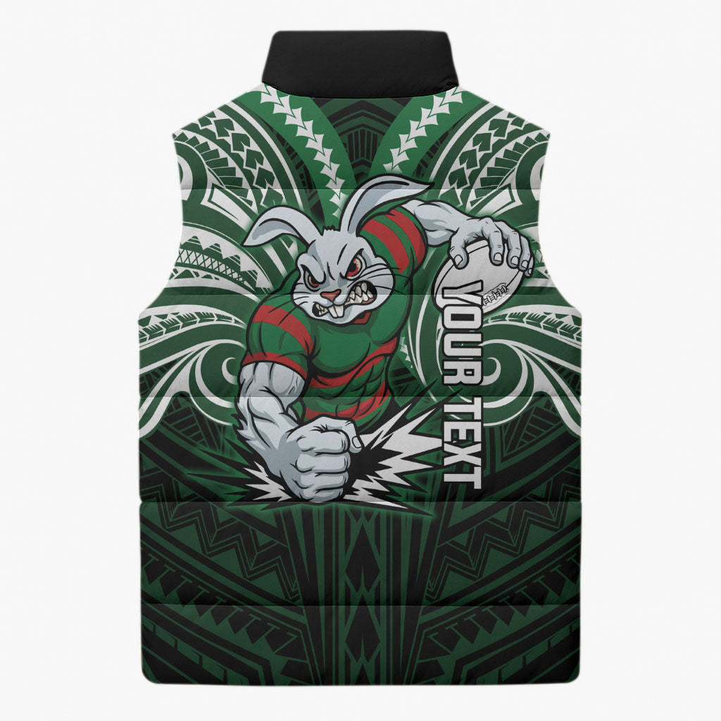 Custom South Sydney Rabbitohs Rugby Sleeveless Puffer Jacket Rabbit Warrior Polynesia Islander Rugby Mascot