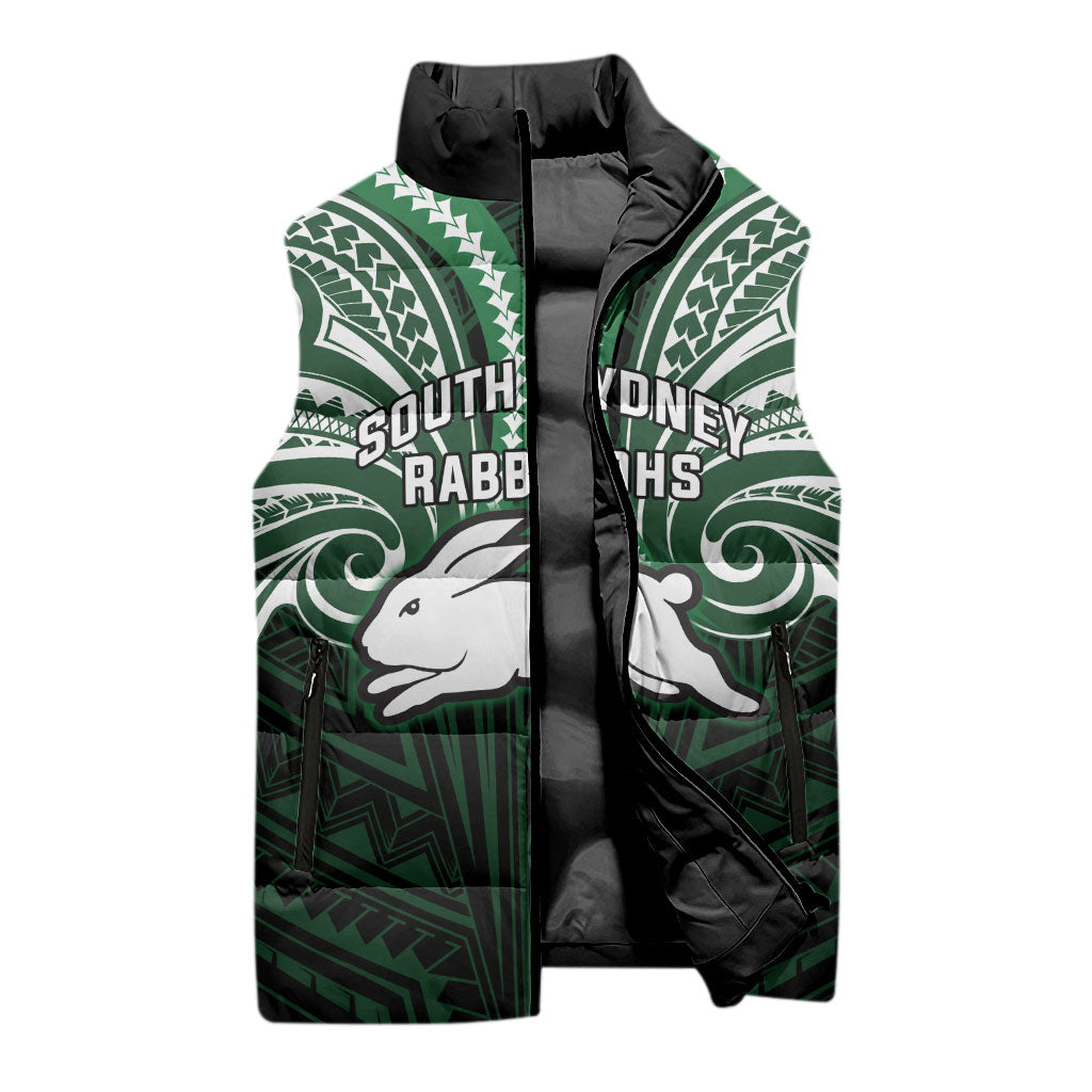 Custom South Sydney Rabbitohs Rugby Sleeveless Puffer Jacket Rabbit Warrior Polynesia Islander Rugby Mascot