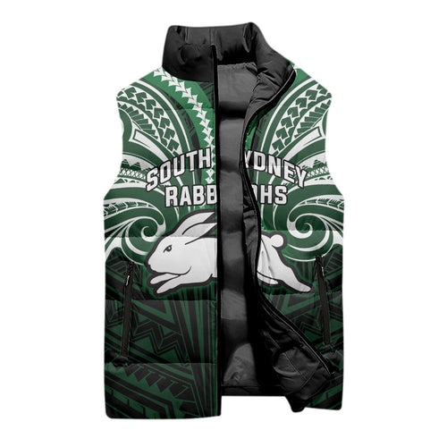 Custom South Sydney Rabbitohs Rugby Sleeveless Puffer Jacket Rabbit Warrior Polynesia Islander Rugby Mascot