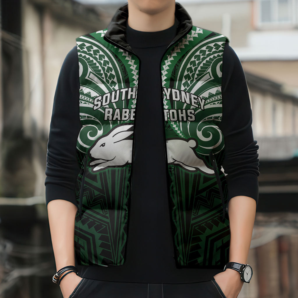 Custom South Sydney Rabbitohs Rugby Sleeveless Puffer Jacket Rabbit Warrior Polynesia Islander Rugby Mascot