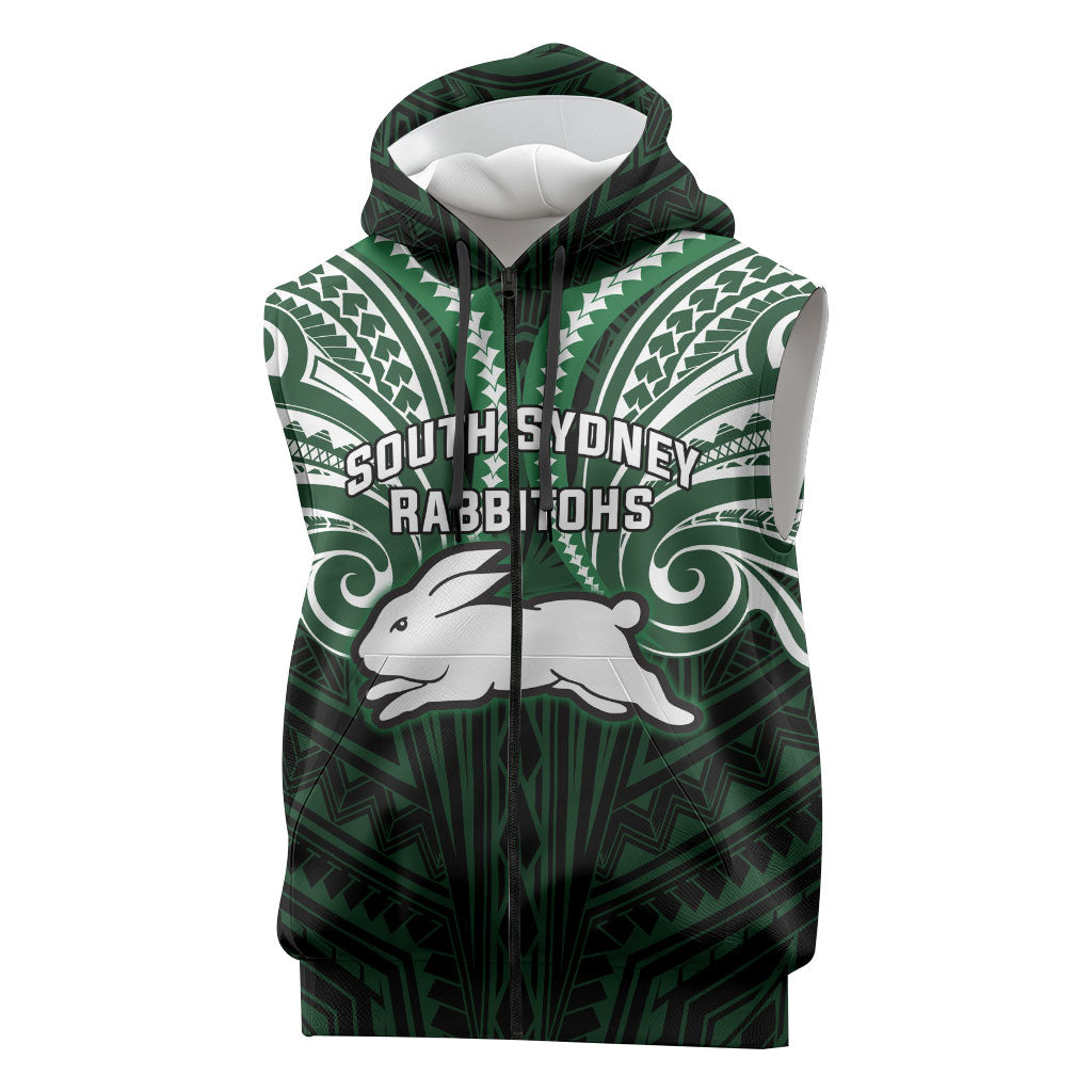 Custom South Sydney Rabbitohs Rugby Sleeveless Zip Hoodie Rabbit Warrior Polynesia Islander Rugby Mascot