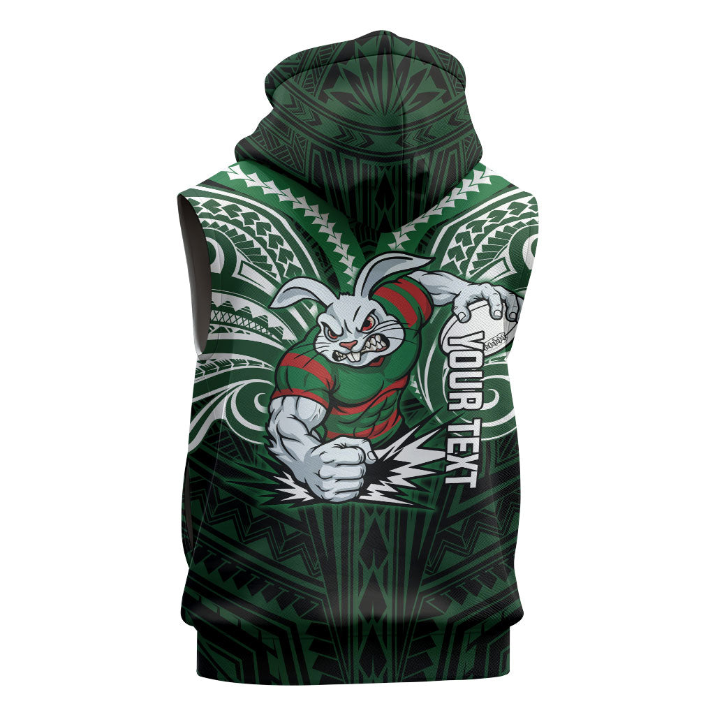 Custom South Sydney Rabbitohs Rugby Sleeveless Zip Hoodie Rabbit Warrior Polynesia Islander Rugby Mascot