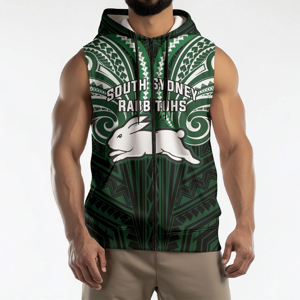Custom South Sydney Rabbitohs Rugby Sleeveless Zip Hoodie Rabbit Warrior Polynesia Islander Rugby Mascot