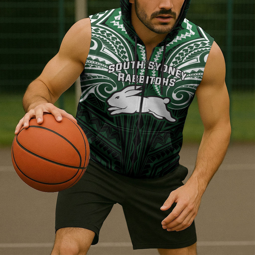 Custom South Sydney Rabbitohs Rugby Sleeveless Zip Hoodie Rabbit Warrior Polynesia Islander Rugby Mascot