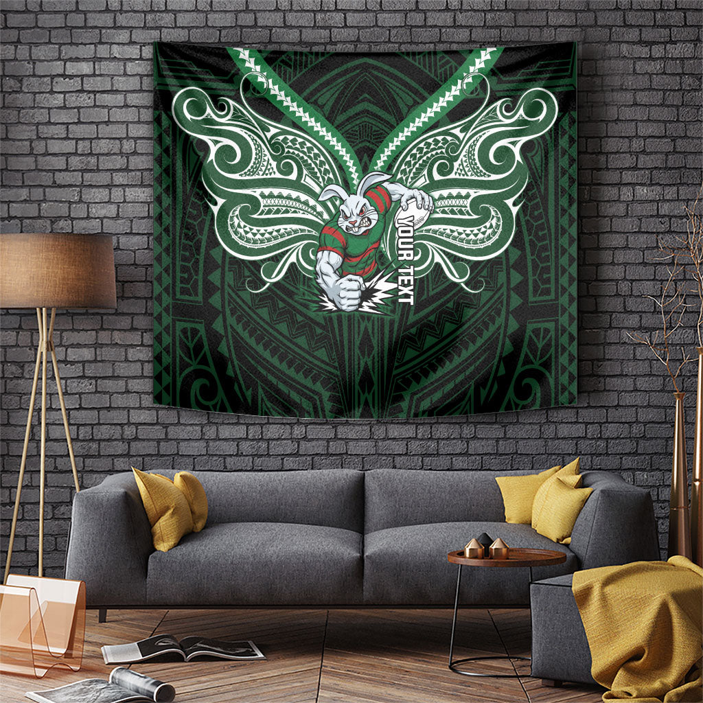 Custom South Sydney Rabbitohs Rugby Tapestry Rabbit Warrior Polynesia Islander Rugby Mascot