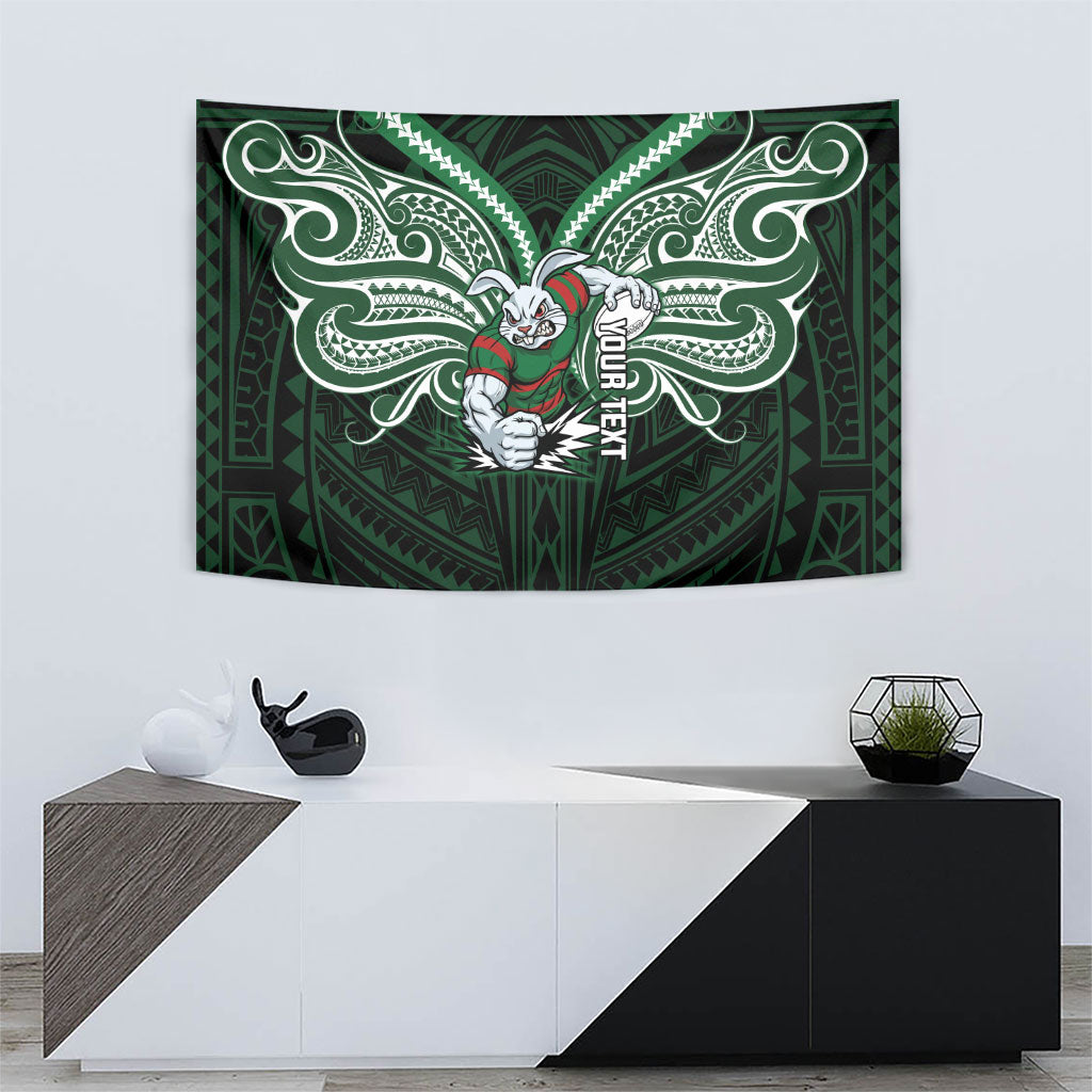 Custom South Sydney Rabbitohs Rugby Tapestry Rabbit Warrior Polynesia Islander Rugby Mascot