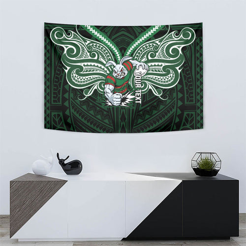 Custom South Sydney Rabbitohs Rugby Tapestry Rabbit Warrior Polynesia Islander Rugby Mascot