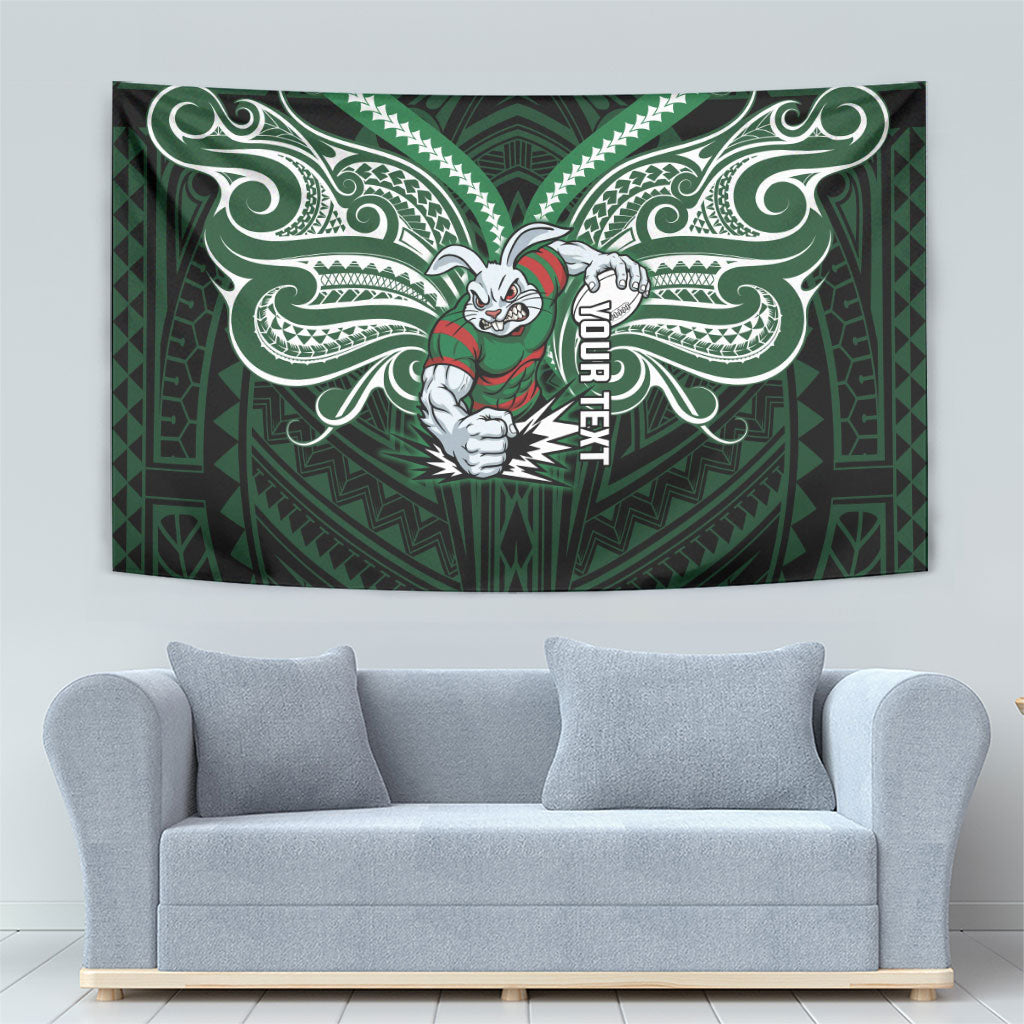 Custom South Sydney Rabbitohs Rugby Tapestry Rabbit Warrior Polynesia Islander Rugby Mascot