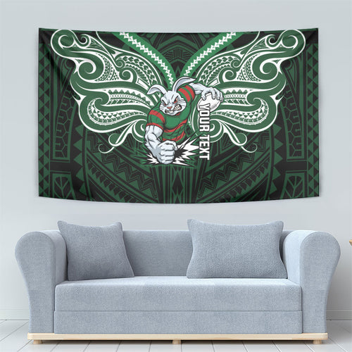 Custom South Sydney Rabbitohs Rugby Tapestry Rabbit Warrior Polynesia Islander Rugby Mascot