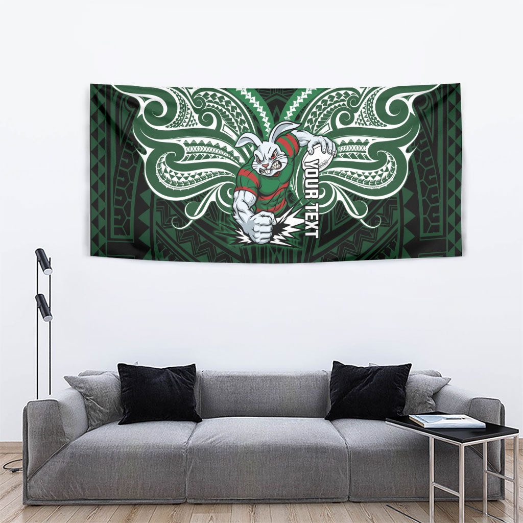 Custom South Sydney Rabbitohs Rugby Tapestry Rabbit Warrior Polynesia Islander Rugby Mascot