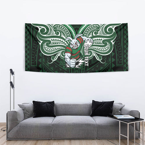 Custom South Sydney Rabbitohs Rugby Tapestry Rabbit Warrior Polynesia Islander Rugby Mascot