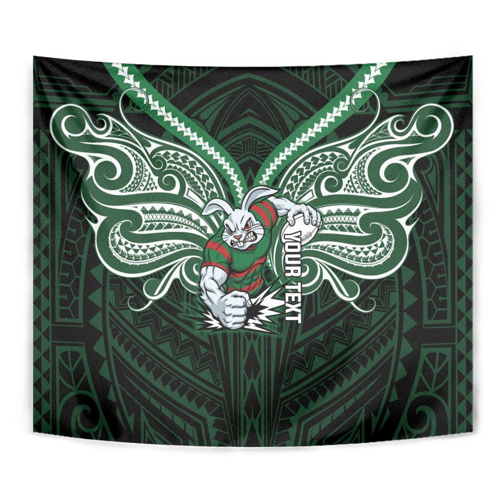 Custom South Sydney Rabbitohs Rugby Tapestry Rabbit Warrior Polynesia Islander Rugby Mascot