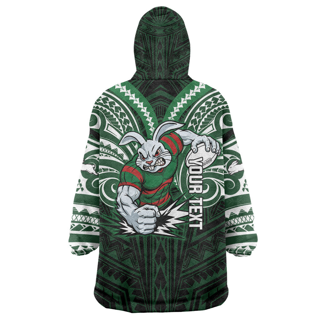 Custom South Sydney Rabbitohs Rugby Wearable Blanket Hoodie Rabbit Warrior Polynesia Islander Rugby Mascot