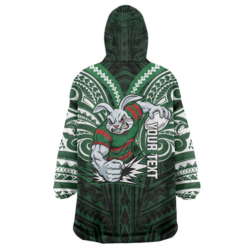 Custom South Sydney Rabbitohs Rugby Wearable Blanket Hoodie Rabbit Warrior Polynesia Islander Rugby Mascot