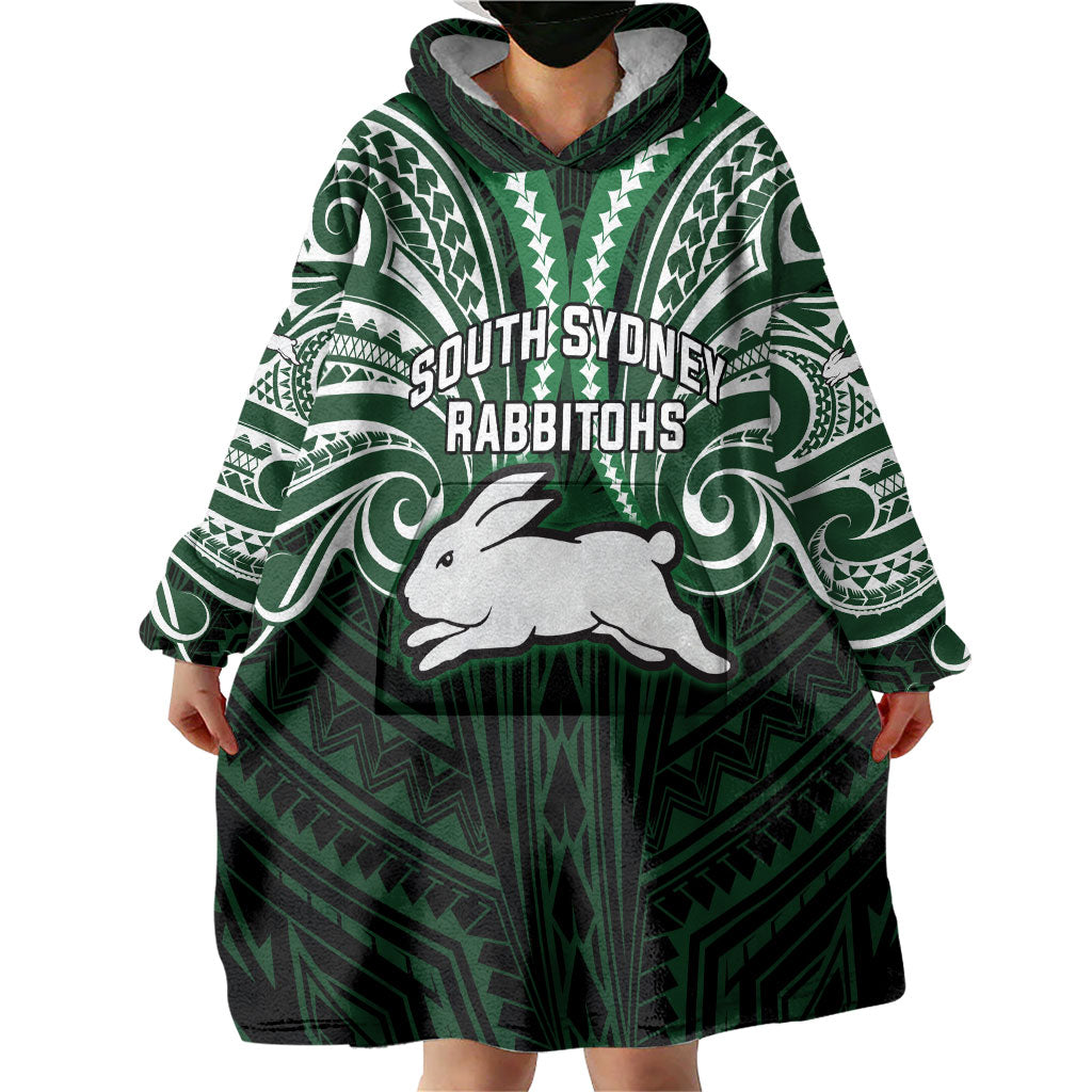 Custom South Sydney Rabbitohs Rugby Wearable Blanket Hoodie Rabbit Warrior Polynesia Islander Rugby Mascot