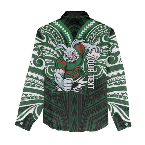 Custom South Sydney Rabbitohs Rugby Women Casual Shirt Rabbit Warrior Polynesia Islander Rugby Mascot