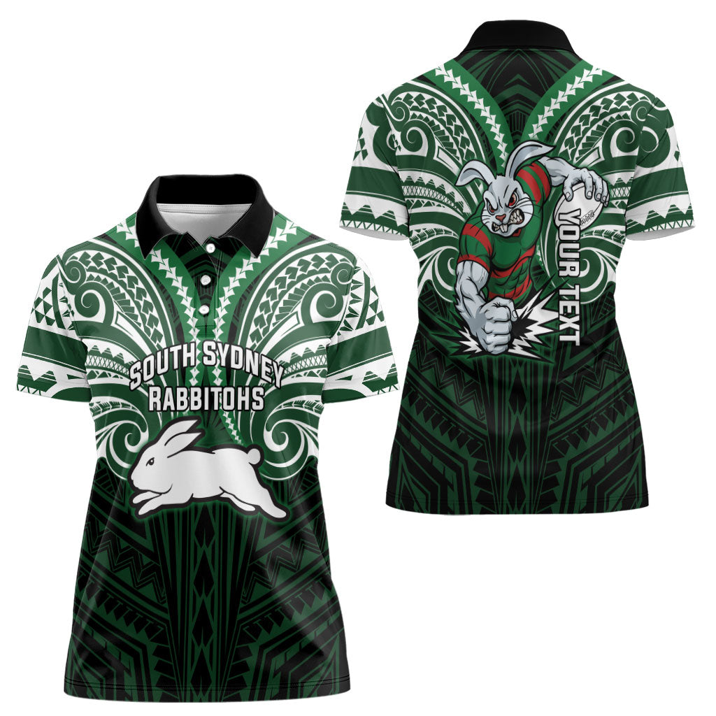 Custom South Sydney Rabbitohs Rugby Women Polo Shirt Rabbit Warrior Polynesia Islander Rugby Mascot
