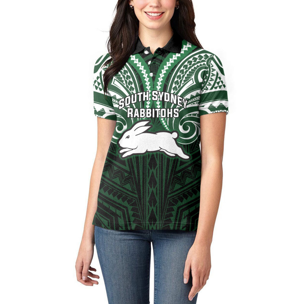 Custom South Sydney Rabbitohs Rugby Women Polo Shirt Rabbit Warrior Polynesia Islander Rugby Mascot
