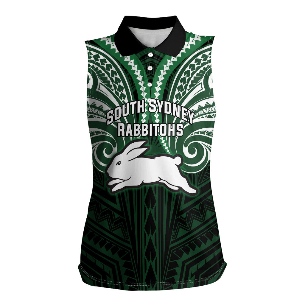 Custom South Sydney Rabbitohs Rugby Women Sleeveless Polo Shirt Rabbit Warrior Polynesia Islander Rugby Mascot