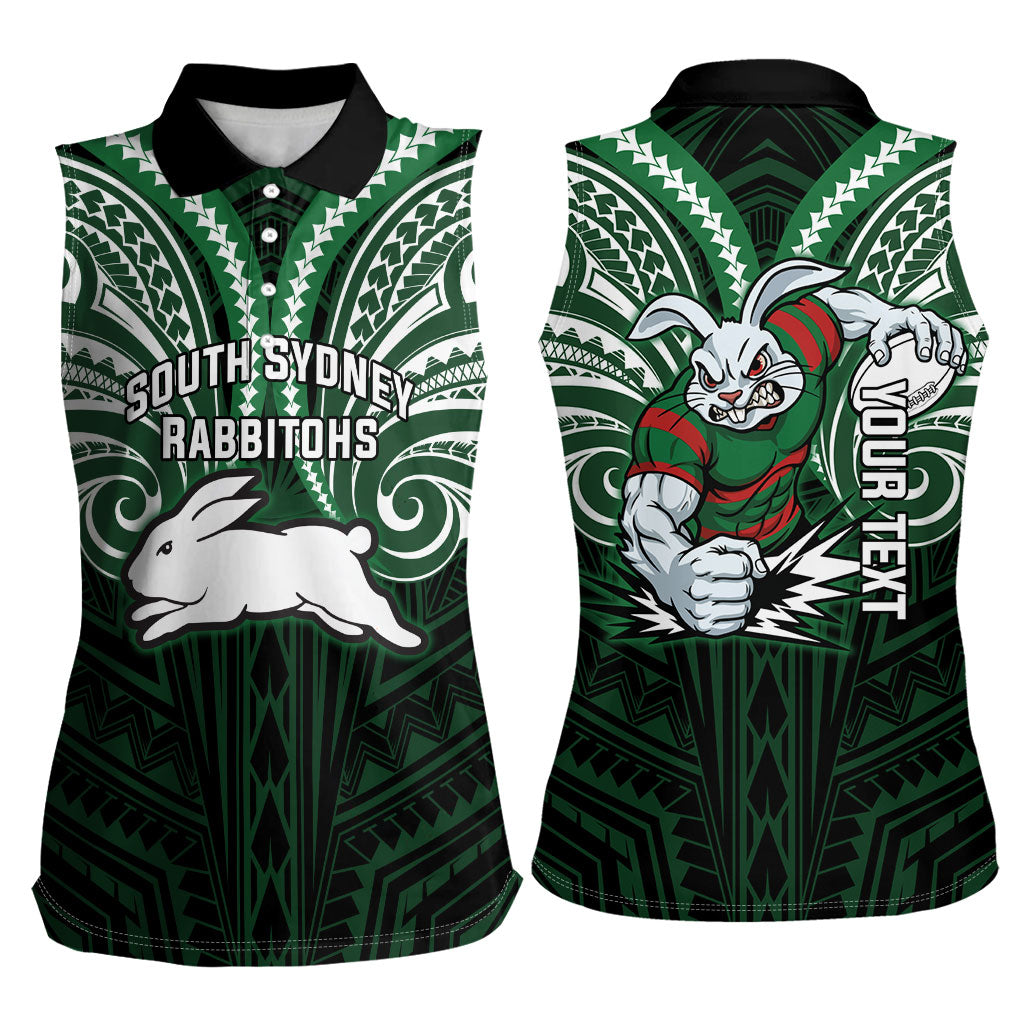 Custom South Sydney Rabbitohs Rugby Women Sleeveless Polo Shirt Rabbit Warrior Polynesia Islander Rugby Mascot