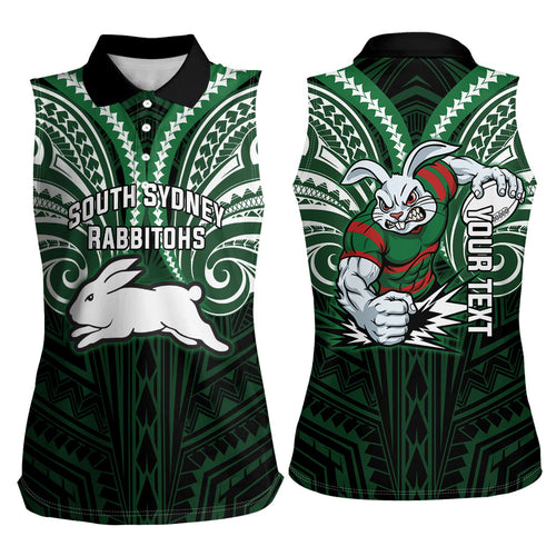 Custom South Sydney Rabbitohs Rugby Women Sleeveless Polo Shirt Rabbit Warrior Polynesia Islander Rugby Mascot