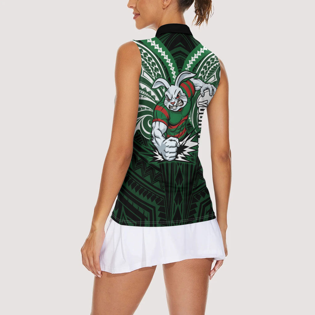 Custom South Sydney Rabbitohs Rugby Women Sleeveless Polo Shirt Rabbit Warrior Polynesia Islander Rugby Mascot