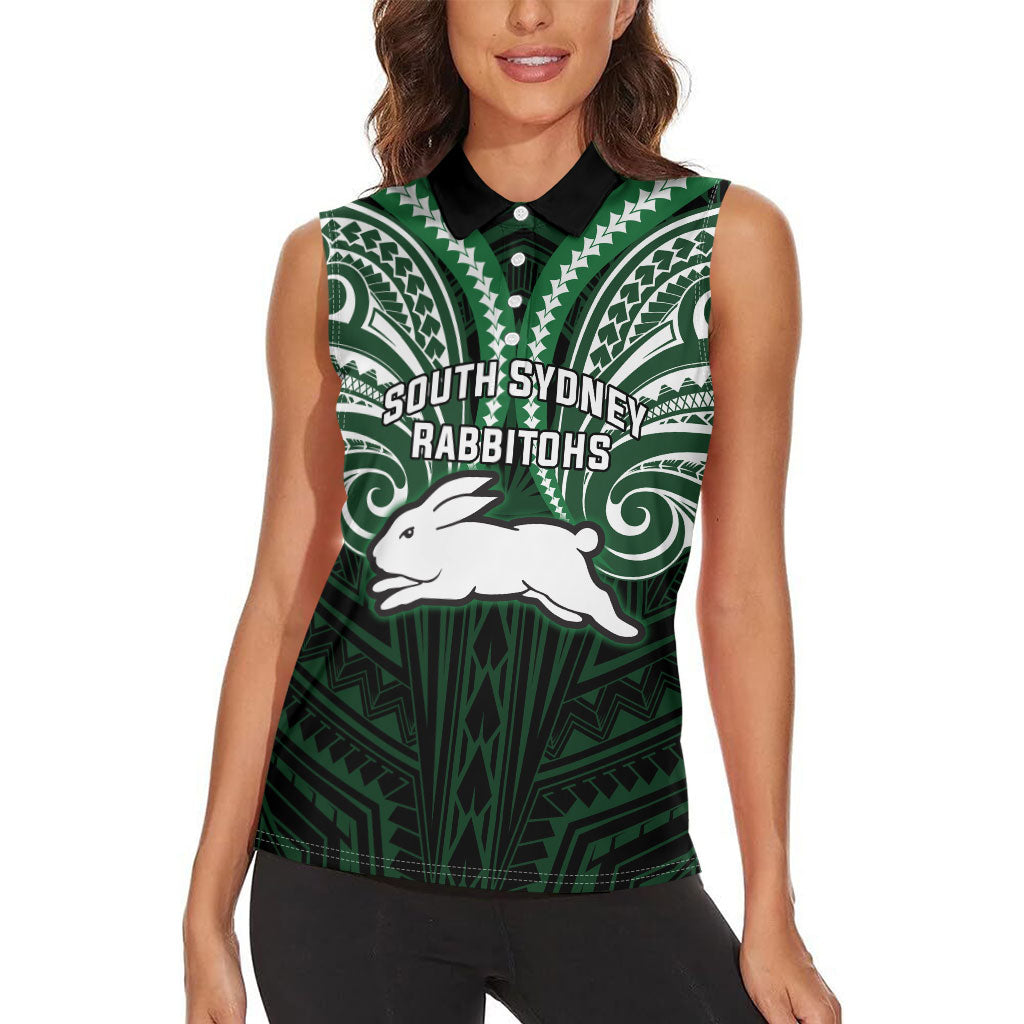 Custom South Sydney Rabbitohs Rugby Women Sleeveless Polo Shirt Rabbit Warrior Polynesia Islander Rugby Mascot