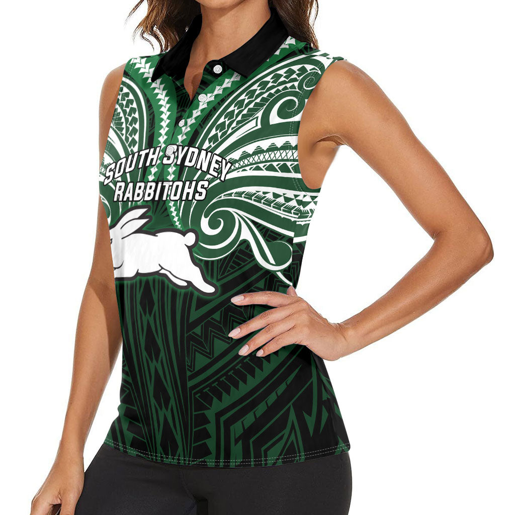 Custom South Sydney Rabbitohs Rugby Women Sleeveless Polo Shirt Rabbit Warrior Polynesia Islander Rugby Mascot