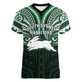 Custom South Sydney Rabbitohs Rugby Women V-Neck T-Shirt Rabbit Warrior Polynesia Islander Rugby Mascot