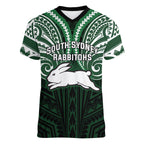 Custom South Sydney Rabbitohs Rugby Women V-Neck T-Shirt Rabbit Warrior Polynesia Islander Rugby Mascot