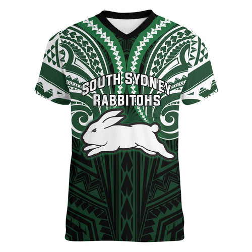Custom South Sydney Rabbitohs Rugby Women V-Neck T-Shirt Rabbit Warrior Polynesia Islander Rugby Mascot