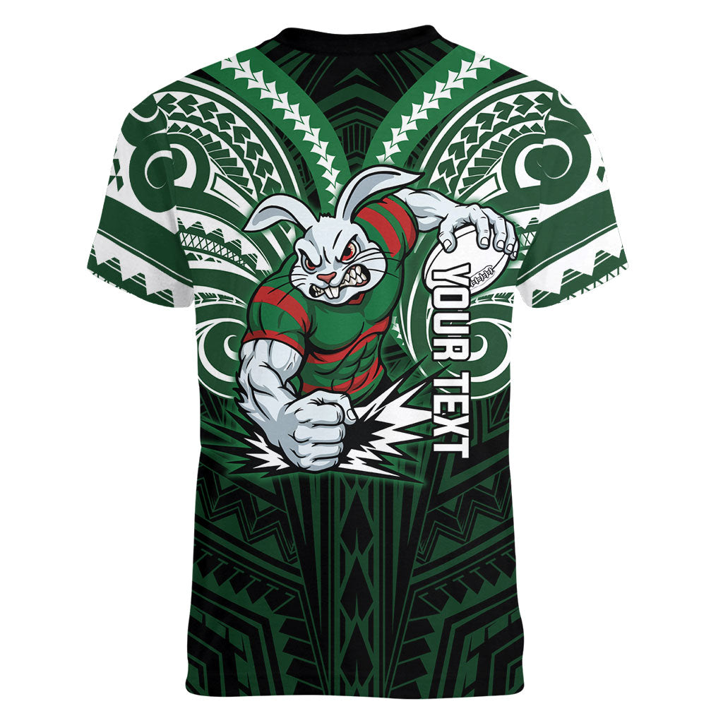 Custom South Sydney Rabbitohs Rugby Women V-Neck T-Shirt Rabbit Warrior Polynesia Islander Rugby Mascot