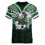 Custom South Sydney Rabbitohs Rugby Women V-Neck T-Shirt Rabbit Warrior Polynesia Islander Rugby Mascot