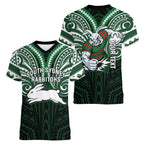 Custom South Sydney Rabbitohs Rugby Women V-Neck T-Shirt Rabbit Warrior Polynesia Islander Rugby Mascot