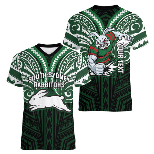 Custom South Sydney Rabbitohs Rugby Women V-Neck T-Shirt Rabbit Warrior Polynesia Islander Rugby Mascot
