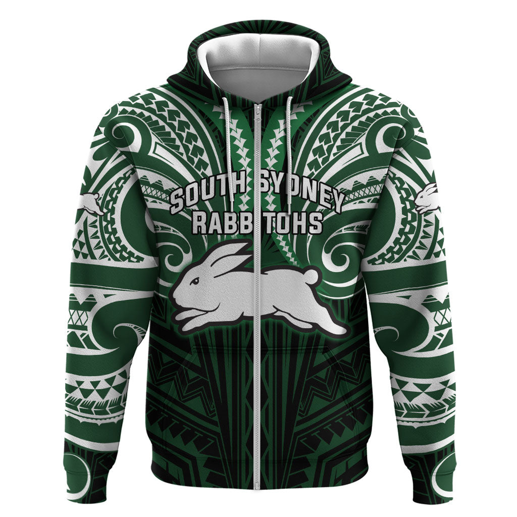 Custom South Sydney Rabbitohs Rugby Zip Hoodie Rabbit Warrior Polynesia Islander Rugby Mascot