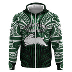 Custom South Sydney Rabbitohs Rugby Zip Hoodie Rabbit Warrior Polynesia Islander Rugby Mascot