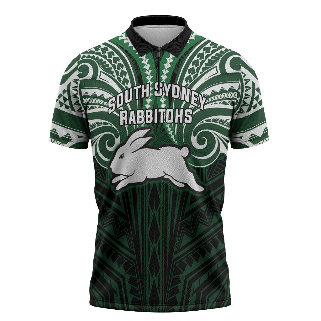 Custom South Sydney Rabbitohs Rugby Zipper Polo Shirt Rabbit Warrior Polynesia Islander Rugby Mascot