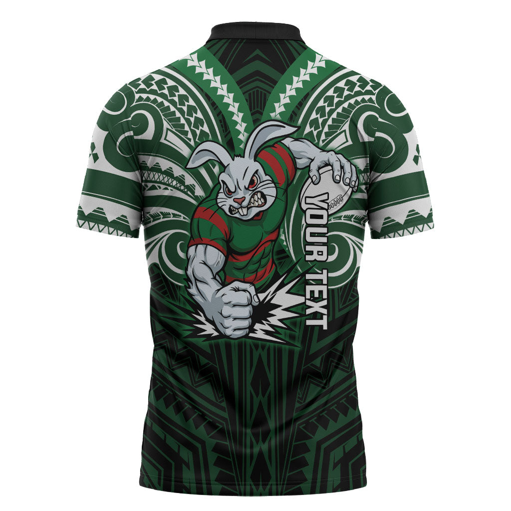 Custom South Sydney Rabbitohs Rugby Zipper Polo Shirt Rabbit Warrior Polynesia Islander Rugby Mascot