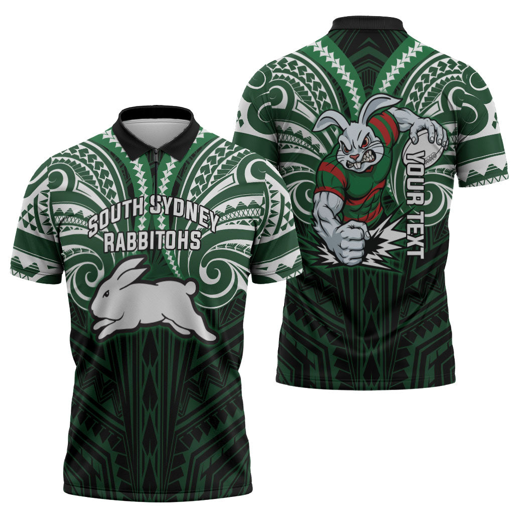 Custom South Sydney Rabbitohs Rugby Zipper Polo Shirt Rabbit Warrior Polynesia Islander Rugby Mascot