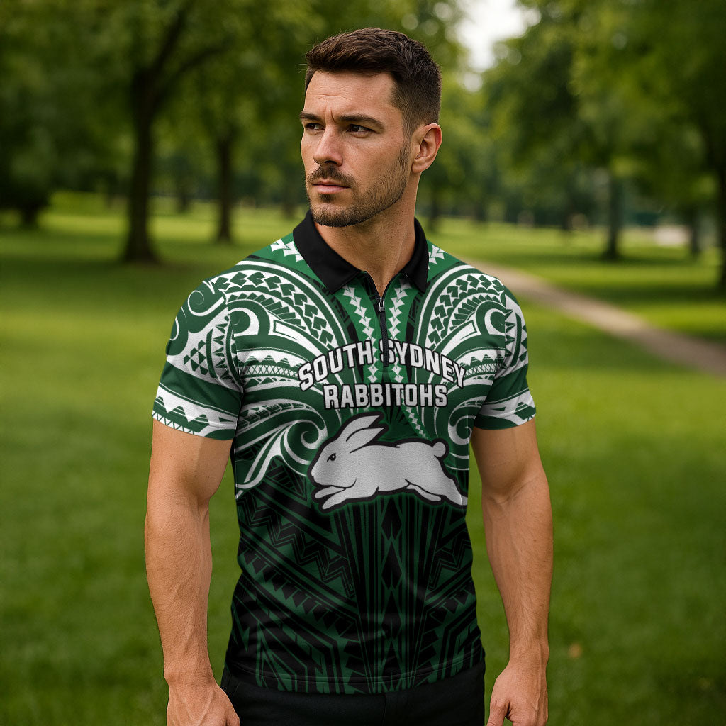 Custom South Sydney Rabbitohs Rugby Zipper Polo Shirt Rabbit Warrior Polynesia Islander Rugby Mascot