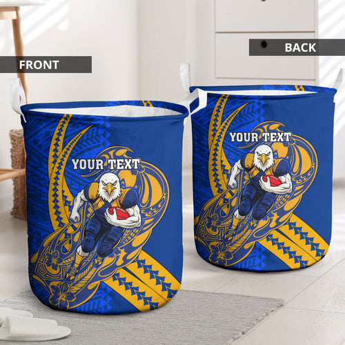 Personalized West Coast Eagles Laundry Basket Polynesian Tribal Eagle Mascot With Hibiscus Floral Art